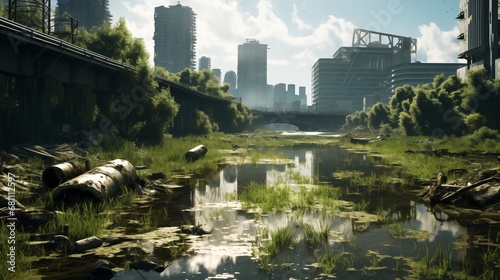 A post-apocalyptic city overgrown by nature with wildlife roaming. Digital concept, illustration painting. © X-Poser