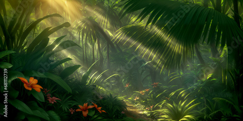 Jungle on a sunny day. Beautiful tropical forest with exotic plants  flowers  palm trees  big leaves and ferns. Thicket of the rainforest. Bright sun  sunbeams through the foliage. Generative AI