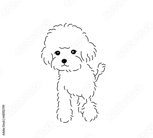 Vector isolated one single cute shaggy dog puppy front view colorless black and white contour line easy drawing
