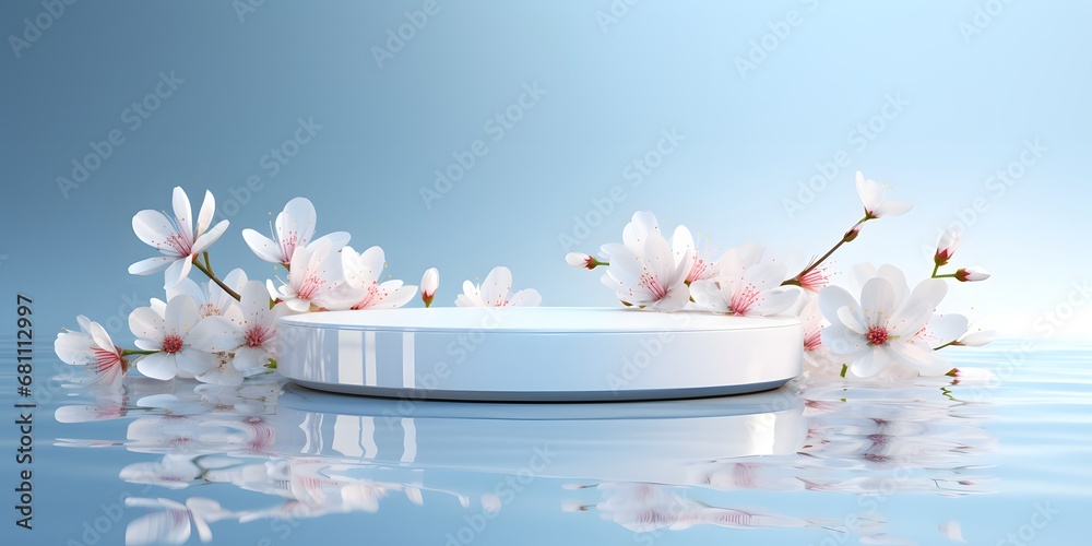 White product display podium with water reflection and blossom flowers on blue background. 3D rendering - obrazy, fototapety, plakaty 