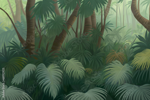 Jungle illustration in pastel colors. Painted beautiful tropical forest with exotic plants  palm trees  big leaves and ferns. Thicket of the rainforest. Simple nature drawing. Generative AI