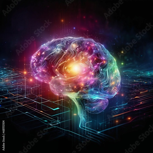 AI. A colorful abstract digital brain. Neural network connection lines and glowing dots. Machine learning. Big data. Artificial Super Intelligence. AGI. GPT. LLM. Science & Technology. Generative AI