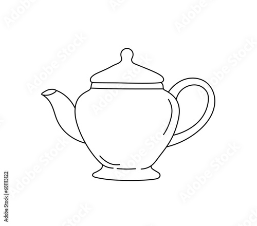 Vector isolated one single simple vintage glass ceramic teapot colorless black and white contour line easy drawing