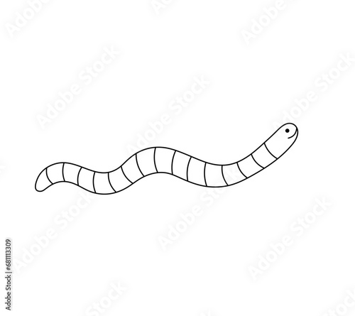 Vector isolated cute cartoon worm side view colorless black and white contour line drawing