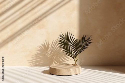 Minimal podium for product presentation with palm leaf background