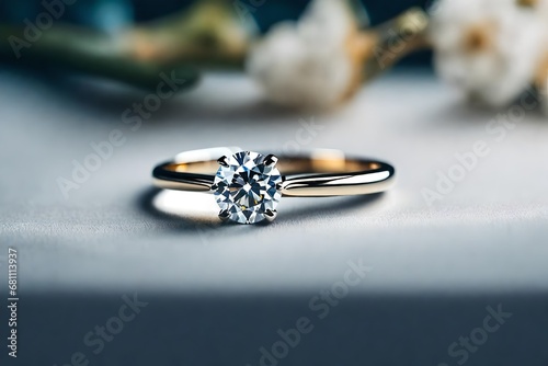 Diamond engagement ring on table