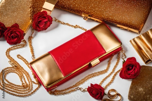 Golden clutch bag isolated on white background | Fashionable women bag | Flat lay of stylish woman accessories red handbag clutch