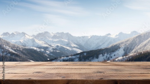 Close up wooden table with snowy mountains in the background, cloudy sky, high quality. 