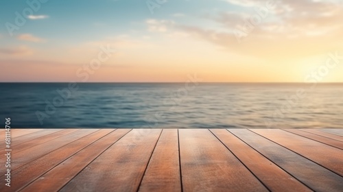 The empty wooden table top with blur background of sea on sunrise, Advertisement, Print media, Illustration, Banner, for website, copy space, for word, template, presentation