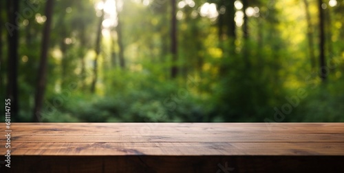 Close up top wooden table with forest in the background, sunny day, generative AI.