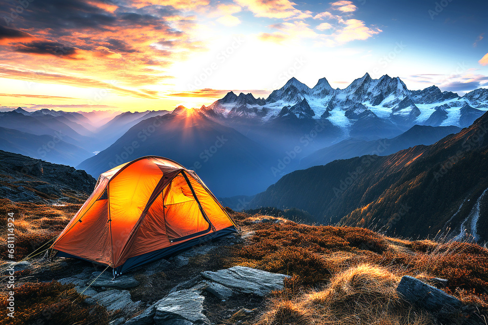 Orange tent on the mountain with sunset view landscape