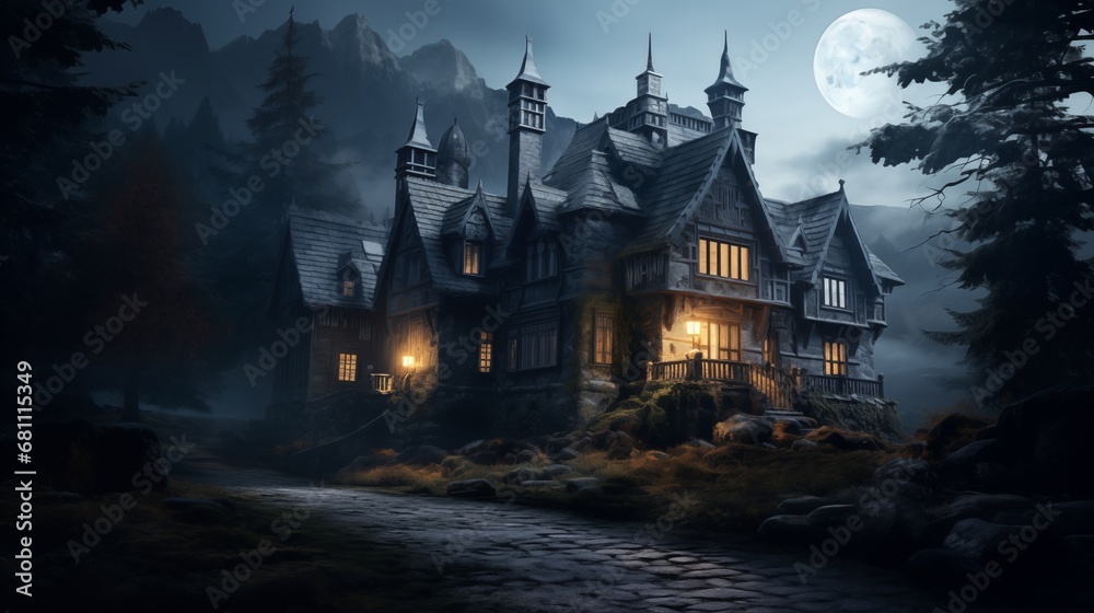 A dark-fantasy castle hidden in the midst of a foreboding, enchanted forest. Digital concept, illustration painting.