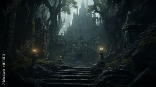 A dark-fantasy castle hidden in the midst of a foreboding, enchanted forest. Digital concept, illustration painting.