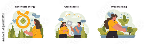 Sustainable living set. Exploring renewable energy, celebrating lush green spaces, embracing urban farming. Nature integration, clean energy. Urban greening. Flat vector illustration