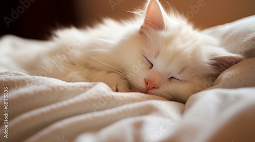White cat sleeping in bed. Generative AI,