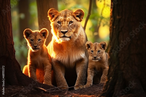 Mother lion and lion cubs in the forest
