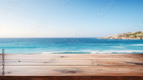 Close up wooden table with the sea in the background, sunny day, cloudy sky, blue sea.