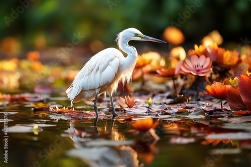 White egret in the swamp with  lotus field photo