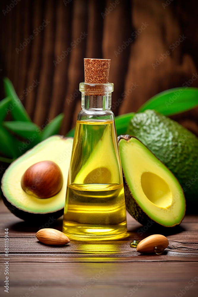 Avocado cosmetic oil on a wooden background. Generative AI, Avocado cosmetic oil on a wooden background. Generative AI,