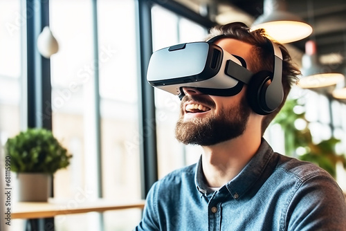 Excited man watching headset VR virtual reality in office photo