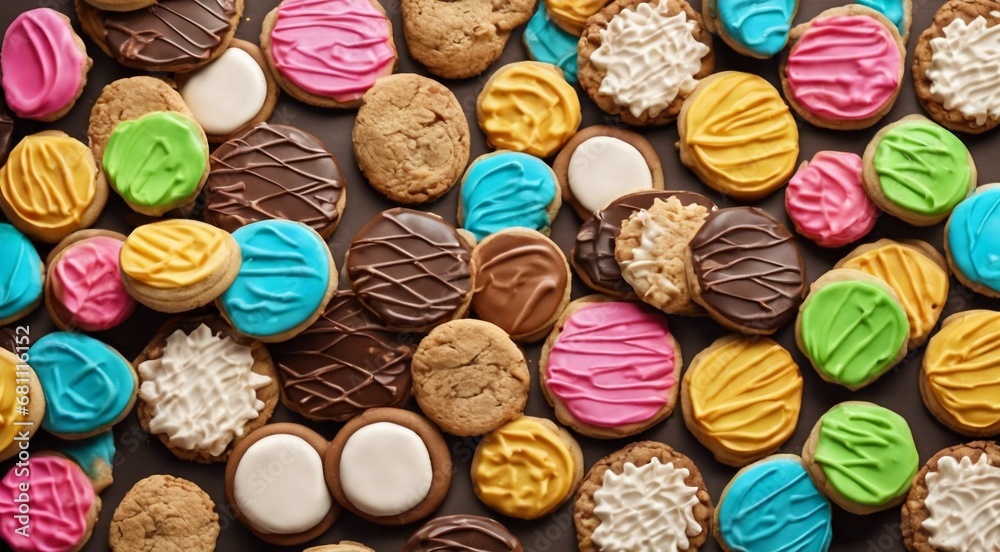 delicious sweets on abstract background, sweets, chocoltae, donuts, sweet colored biscuits - obrazy, fototapety, plakaty 