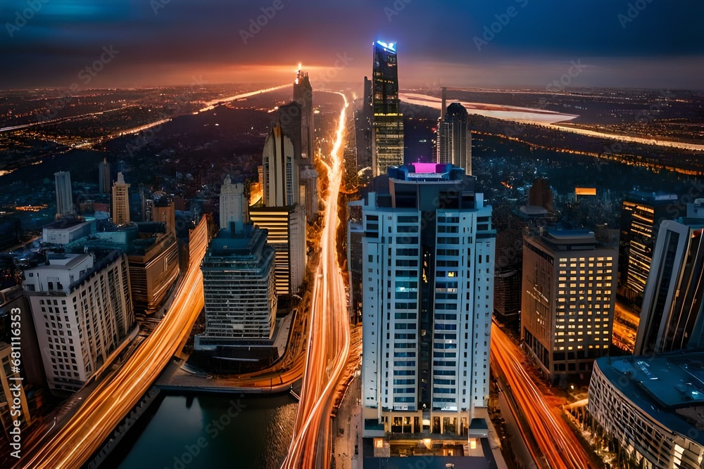 Obraz premium Tall Buildings in the city at night.