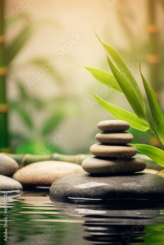 Stream stones and bamboo shoots feng shui spa. Generative AI 