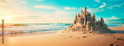 Sand castle on the seashore. Generative AI, photo