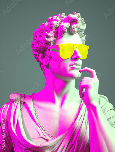Davids bust takes modern turn in hot pink, with reflective yellow sunglasses adding pop of vaporwave flair