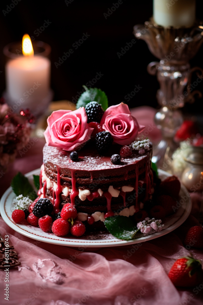 Pink cake with flowers and hearts for Valentine's day. Generative AI, Pink cake with flowers and hearts for Valentine's day. Generative AI,