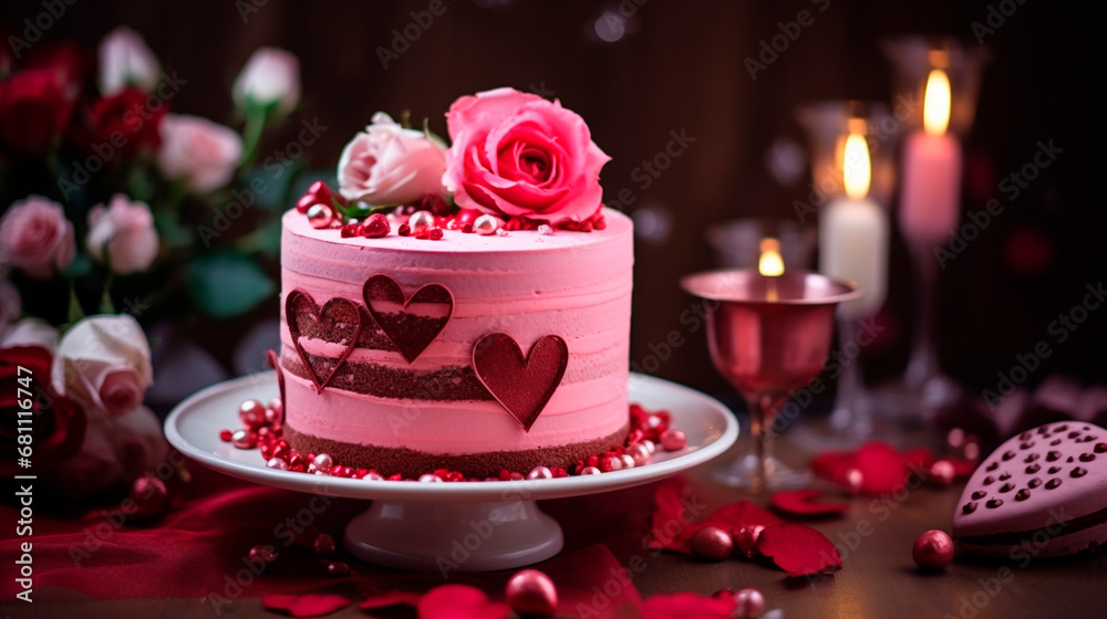 Pink cake with flowers and hearts for Valentine's day. Generative AI,