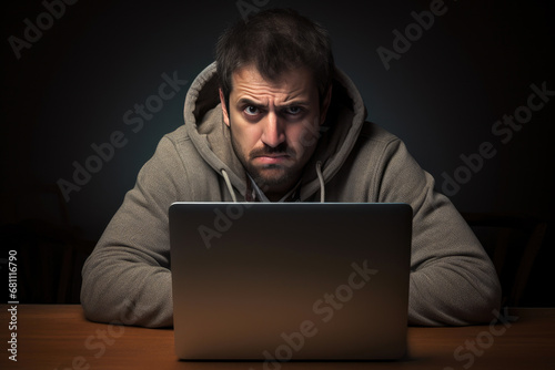 Frustrated man glares at modern computer © Andrii 