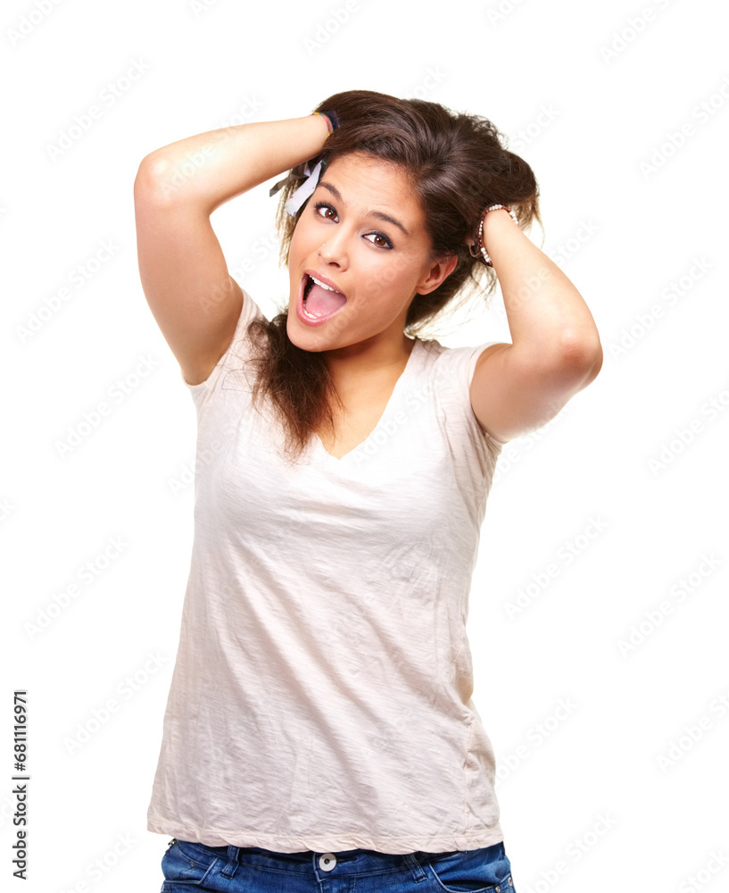 Portrait, woman and hands in crazy hair with confidence, happiness and beauty in white background or studio. Messy, hairstyle and face of person excited for salon, treatment or scratching head Portrait, woman and hands in crazy hair with confidence, happiness and beauty in white background or studio. Messy, hairstyle and face of person excited for salon, treatment or scratching head
