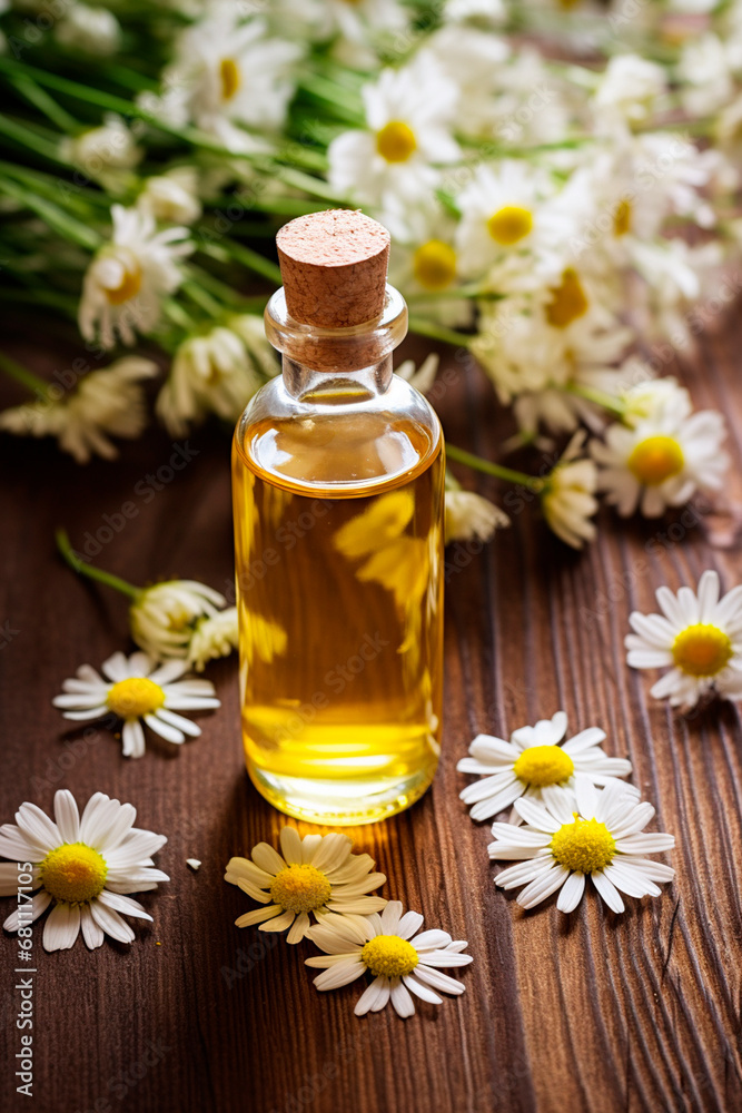 Chamomile essential oil on a wooden background. Generative AI,