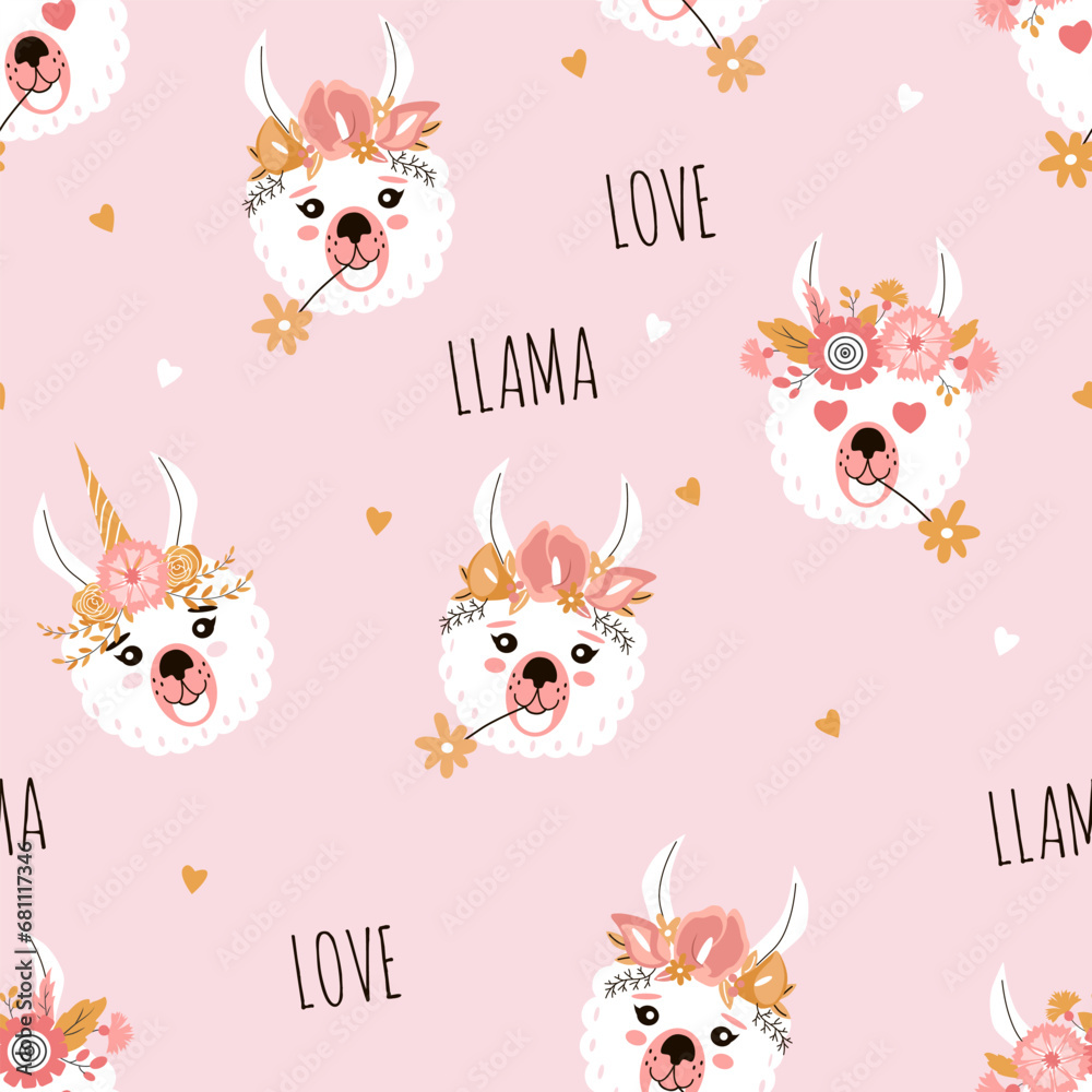 Llamas in flower crowns and text seamless pattern. Creative childrens texture. Great for fabric, textile vector illustration. 