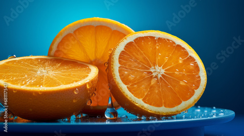 a juicy orange cut into slices on a blue plate photo
