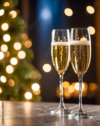 two glasses of champagne on a table with a Christmas tree in the background.