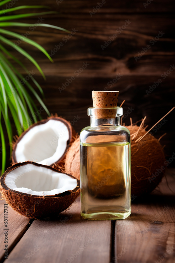 Cosmetic coconut oil on a wooden background. Generative AI, Cosmetic coconut oil on a wooden background. Generative AI,