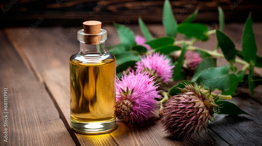 Milk thistle essential oil on wooden background. Generative AI, Milk thistle essential oil on wooden background. Generative AI,