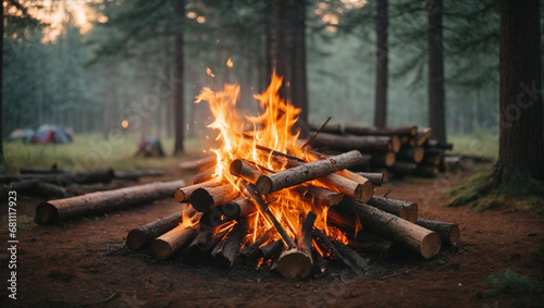 Bonfire in the forest at morning twilight. Low angle view to Burning firewood in the forest at dusk. Campfire in the forest at sunrise. Camping concept. Enjoy a Relaxing Morning in the Forest, A Nat