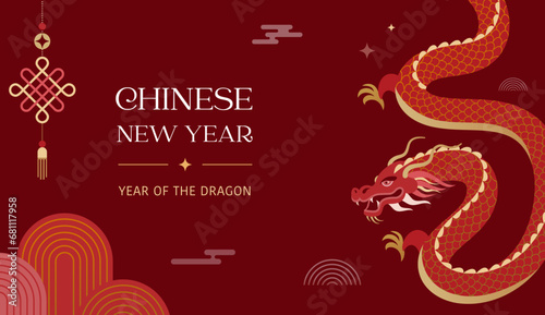 Lunar new year background, banner, Chinese New Year 2024 , Year of the Dragon. Traditional minimalist modern style