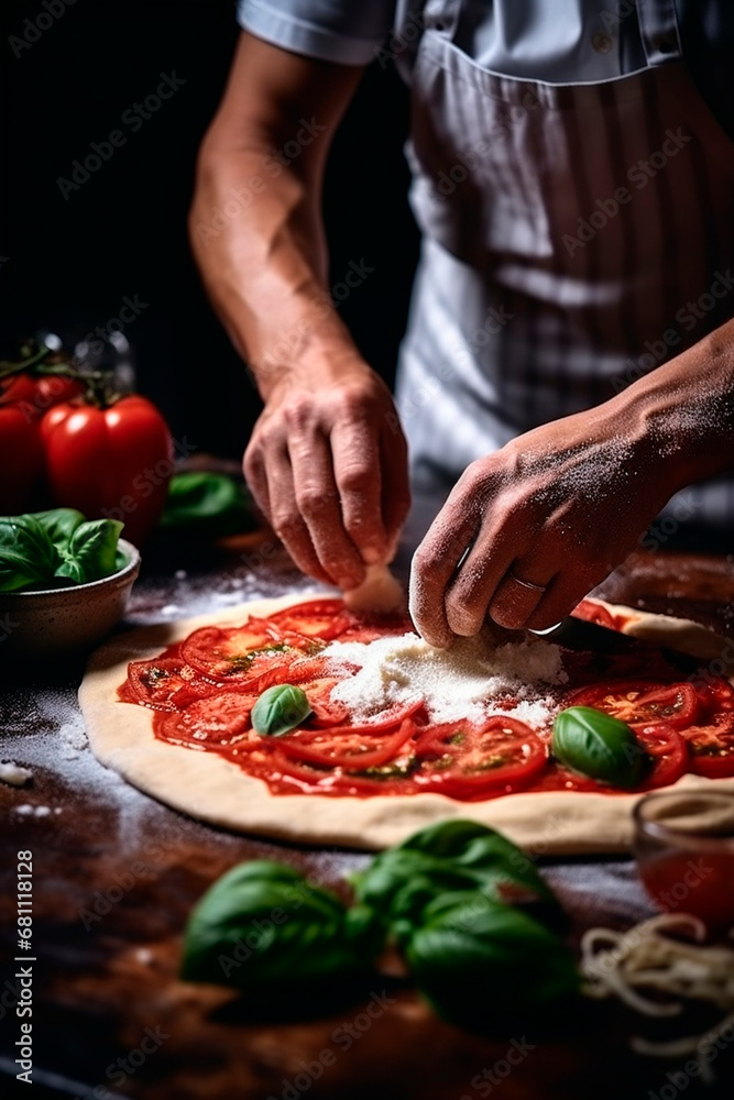 Chef's hands preparing pizza. Generative AI,