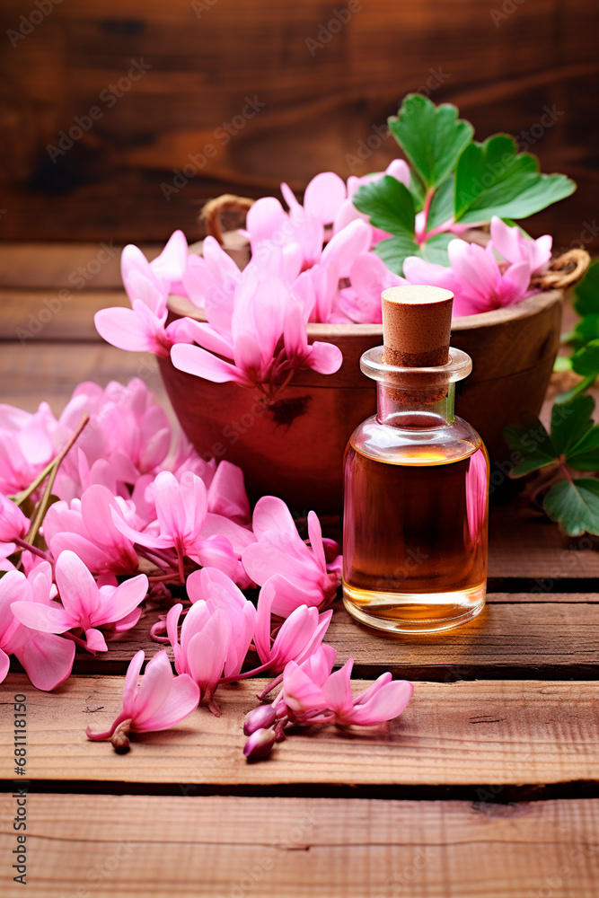 Cyclamen essential oil in a bottle. Generative AI, Cyclamen essential oil in a bottle. Generative AI,