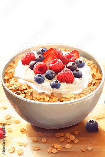 A bowl with natural yogurt, granola and fresh berries on a white background in watercolor style. 