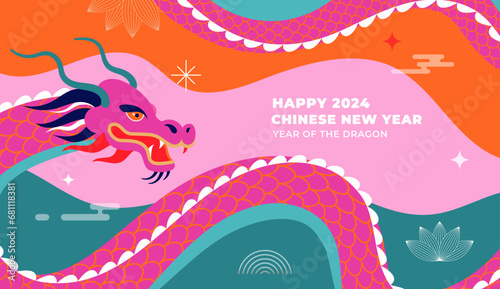 Lunar new year background, banner, Chinese New Year 2024 , Year of the Dragon. Traditional minimalist modern style