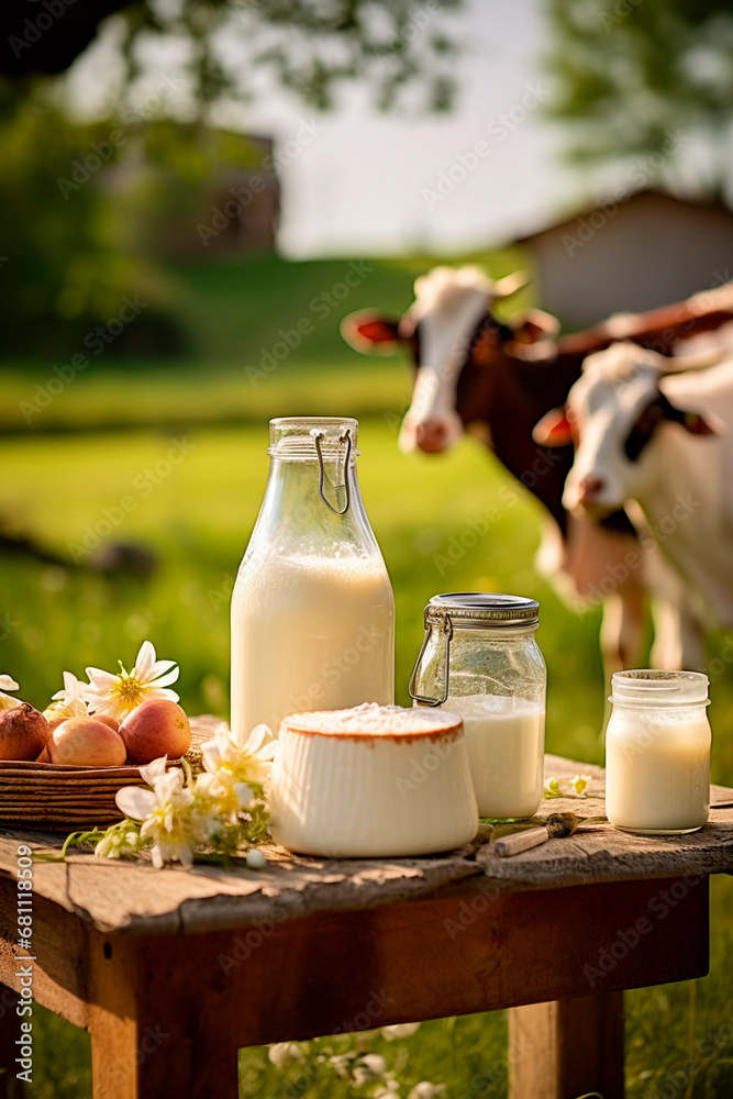 Cow dairy products on a farm background. Generative AI, Cow dairy products on a farm background. Generative AI,
