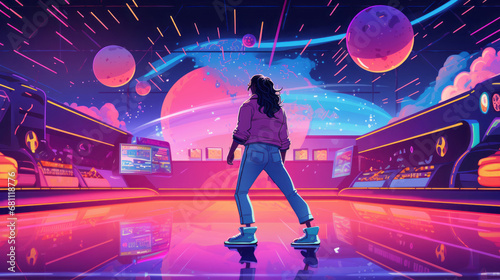Generative ai young woman gracefully rollerblading on a vibrant retro rink 90s vibes photo