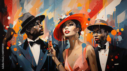 Three people dressed in formal attire - retro - vintage illustration - party - celebration - ball - dance - costume - hats - vibrant colors - whimsical - quirky - fun - elegance 