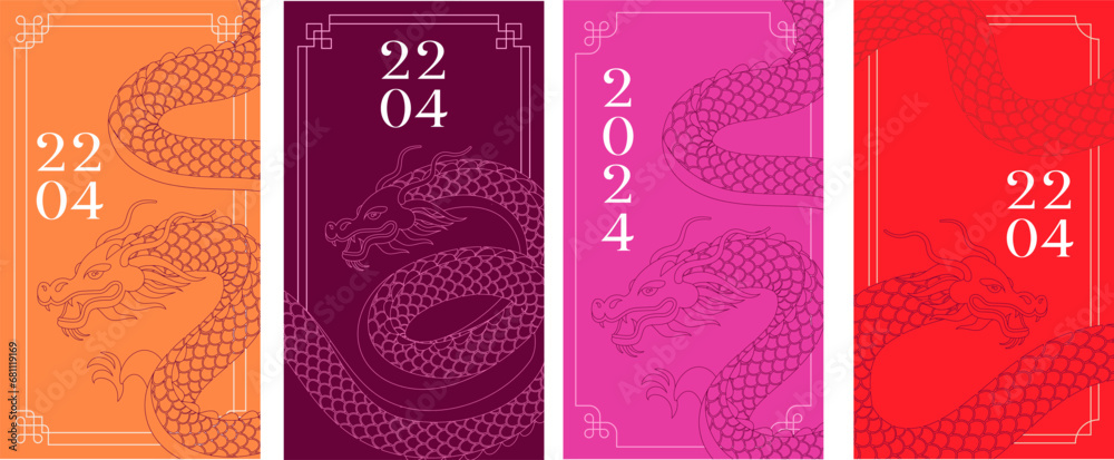 Chinese New year, Dragon new year. Story templates, envelopes design, greeting cards collection. Modern minimalist design