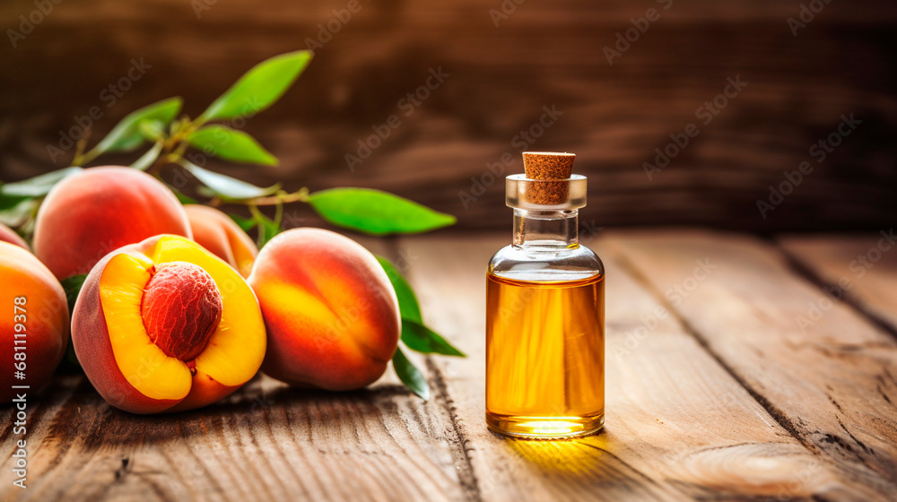 peach seed oil in a bottle. Generative AI, peach seed oil in a bottle. Generative AI,